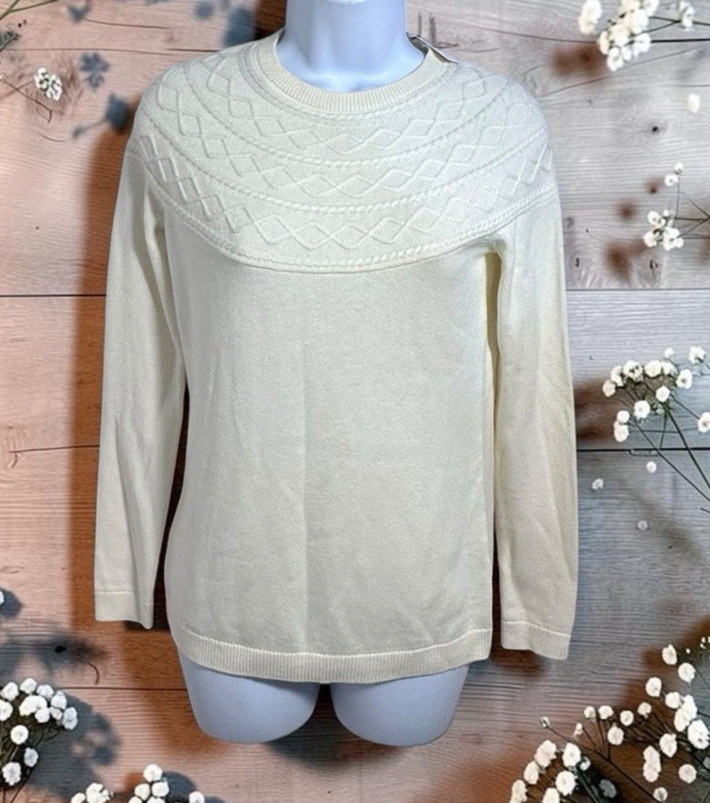 Talbots Cream Cable Knit Yoke Pullover Sweater Sz P Petites Cotton Cashmere New